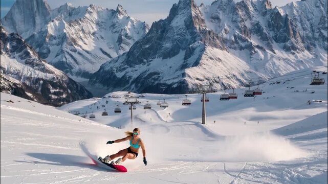 Video of beautiful woman snowboarder wearing bikini and carving down a pristine on luxury ski resort on sunny winter day.Zoom in.AI Generative.
