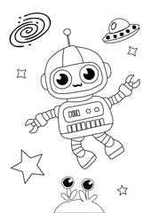 Cute robot exploring outer space with UFO and alien in this fun kids coloring page.