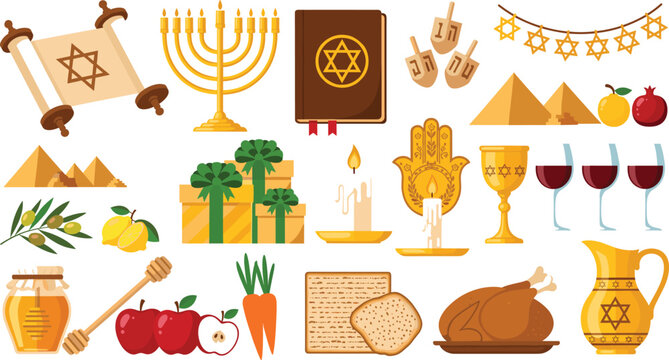 Collection of Jewish holiday symbols including menorah, torah scroll, dreidel, hamsa, star of david, matzah, honey, apples, and traditional kosher food icons.