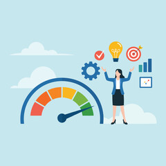 Businesswoman celebrating success with performance metrics and goals