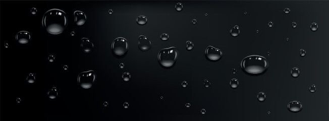 Rain transparent drops f on black background. Realistic wet condensation droplets with light reflection on dark window surface,. Aqua blobs on the surface. Liquid waterdrops texture.