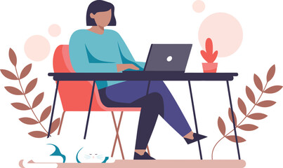 Woman working remotely on laptop with cat at home office