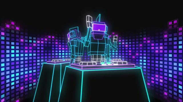 Neon Voxel Robot DJ Performing on Turntables in Retro Nightclub Loop