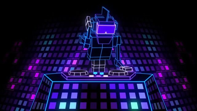 Neon Voxel Robot DJ Performing on Turntables in Retro Nightclub Loop