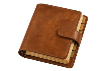 Brown leather bound planner on a transparent background, depicting organization, scheduling and professional tools