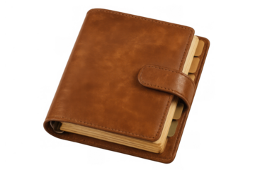 Brown leather bound planner on a transparent background, depicting organization, scheduling and professional tools