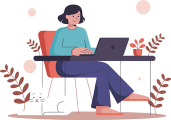 Woman working on laptop with cat in modern home office space