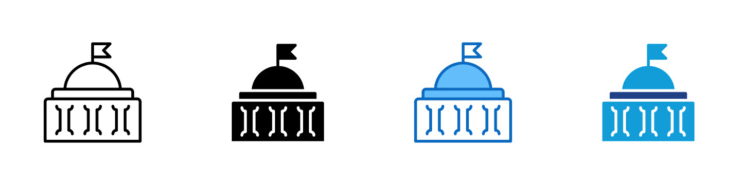 Government Building Multiple Style Icon Design Vector - Capitol building with flag symbol representing government authority, public administration, and state institutions
