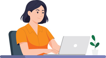 Smiling businesswoman working on laptop in modern office setting