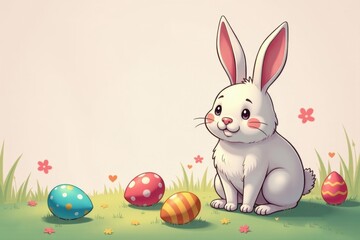 Easter eggs and bunny on watercolor light background for greeting cards, copy space for text