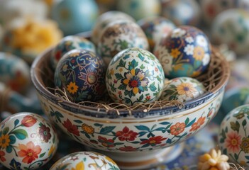 Painted easter eggs with floral patterns in a bowl closeup AI Generated Painted easter eggs with floral patterns in a bowl