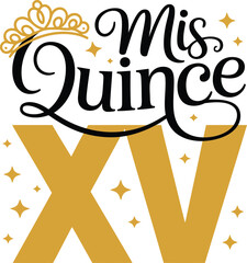 Elegant Miss Quince XV celebration logo with golden crown and stars