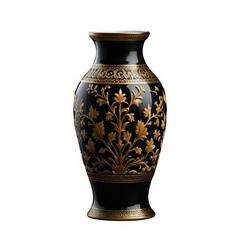 Elegant black vase with gold floral pattern and intricate designs on transparent background