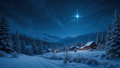 Winter mountain village at night with full moon and stars in the sky generative AI Winter mountain village at night with full