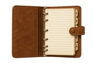 Open brown leather organizer with blank lined pages, address book tabs, and ring binder, transparent background