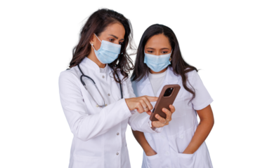 Medical professionals consulting patient data on smartphone, doctors wearing face masks collaborating with healthcare technology