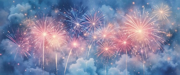 Fireworks celebration background banner panorama - New Year and Christmas holiday concept AI Generated Fireworks celebration