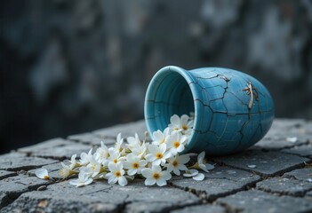 Blue ceramic cup with white flowers on stone pavement. Selective focus. Generative AI Blue ceramic cup with white flowers on