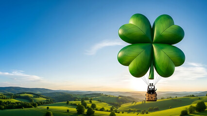 Clover-shaped hot air balloon over green hills, sky as copy space