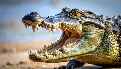 Close-up of an alligator's head, its mouth agape showing rows of sharp teeth, set against a blurred background