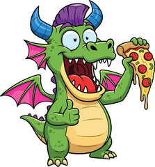 Obraz premium Cartoon dragon, green creature, pizza slice, thumbs up, purple hair, pink wings, fun character, kids illustration, fantasy, food
