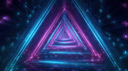 Futuristic neon triangular tunnel with glowing pink and blue lights