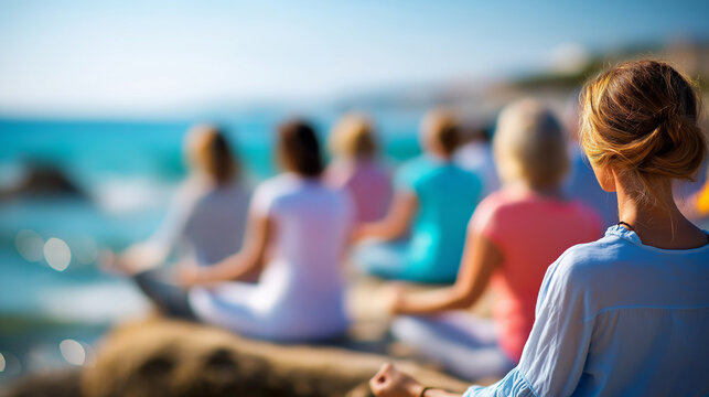 Faceless group of people making yoga or meditating on beach, defocused coastal contemplation, oceanfront spirituality gathering, seaside mindfulness collective, shoreline meditatio