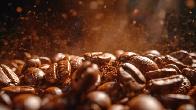 Roasted coffee beans falling close up with brown background