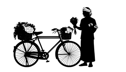 Obraz premium Local Flavor: Traditional Street Flower Vendor with Bicycle Silhouette - Authentic Culture Vector