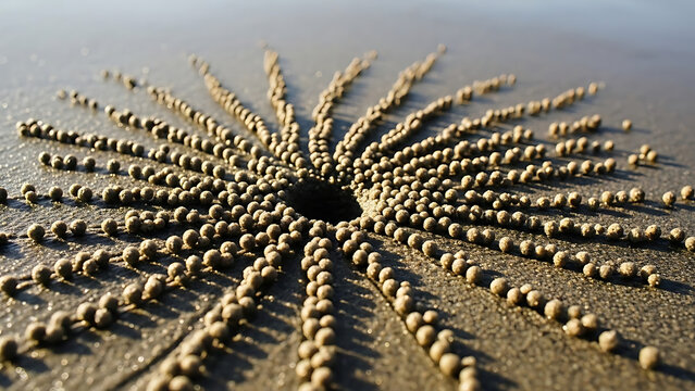 A close-up view of intricate sand patterns created by a sand bubbler crab on a wet beach.