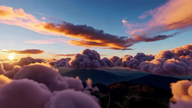Majestic sunset over vibrant clouds painted with orange and purple hues.