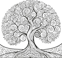 Abstract artistic curly tree artwork featuring flowing black lines decorative branches and modern geometric foliage