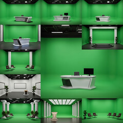 A calm outdoor scene showing green fields under a bright blue sky with soft clouds