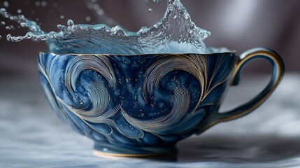 Dynamic water curves fill a blue ornate cup with swirling patterns, creating a visually striking scene of liquid motion and artistic design