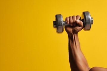 Arm lifting dumbbell against yellow background.
