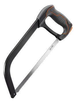 Ergonomic high-tension hacksaw with a curved handle and 24 TPI bi-metal blade for accuracy.