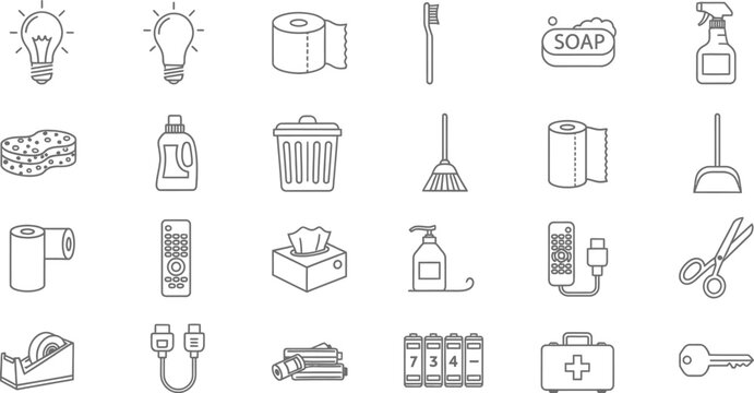 Collection of essential household and utility line icons featuring cleaning supplies electronics and personal care items