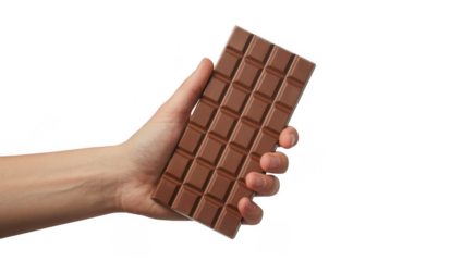 Hand holding a brown chocolate bar sweet treat isolated on a transparent background