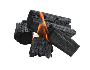 Burning coal charcoal chunks with fire on white background