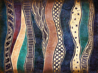 Abstract multicolored ethnic patterns with wavy lines on textured old paper vintage background