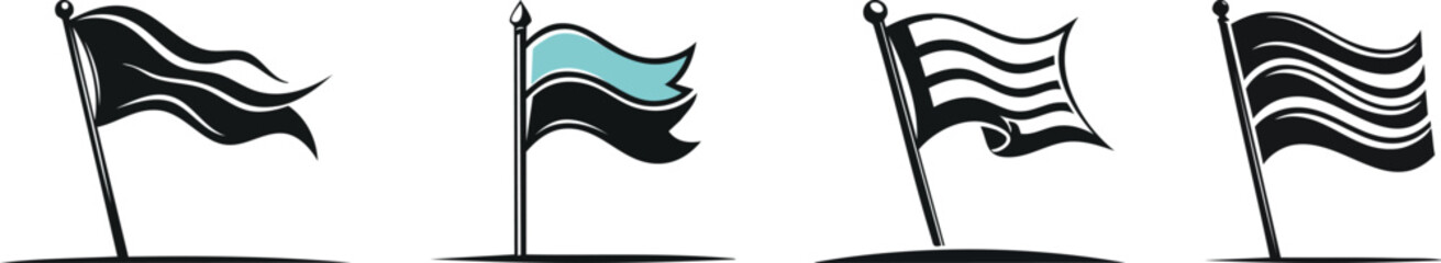 Waving war flag icon illustrated with bold black strokes minimalist battlefield marker symbol