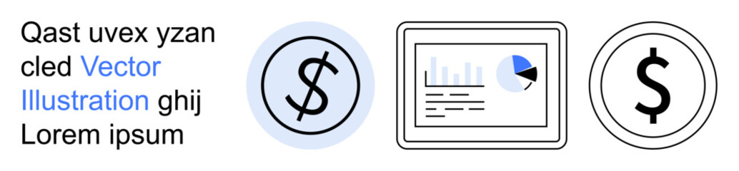 Obraz premium Business analysis, financial planning, data visualization, economic growth, budget management, infographic design. Two dollar symbols and a data chart with graphs. Business analysis and financial
