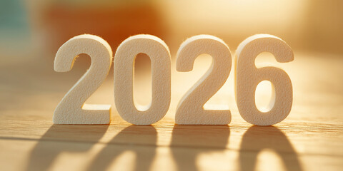 Textured numerals spelling out 2026 basking in golden light on a wooden surface