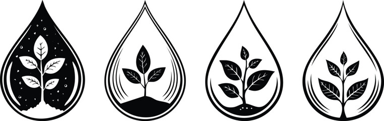 Water droplet icon with growing plant inside bold black line art sustainability concept