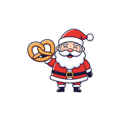 A cheerful cartoon Santa Claus holding a large, golden-brown pretzel with salt.