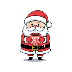 A cute cartoon Santa Claus holding a steaming red mug that says 