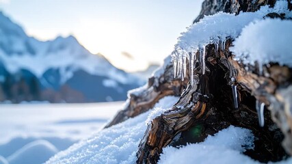 Snow covered tree root with mountain backdrop and bright sunlight