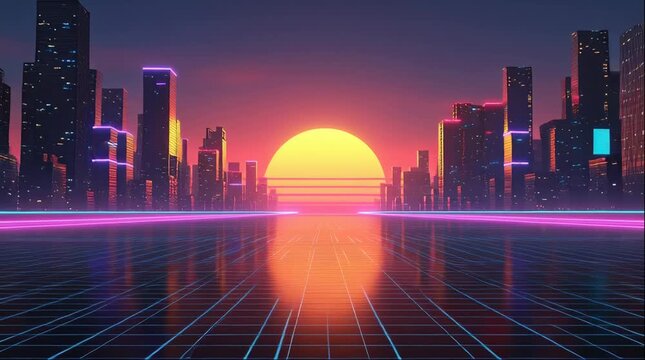 Experiencing a Neon City Sunset Over a Futuristic Grid