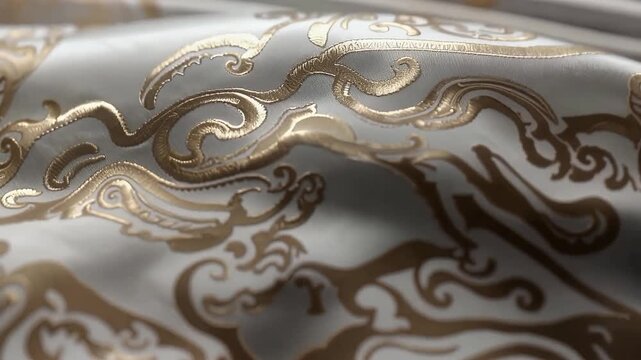 Luxurious patterned silk fabric flowing elegantly.