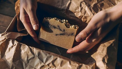 Small business owner hands wrapping handmade soap in brown eco paper